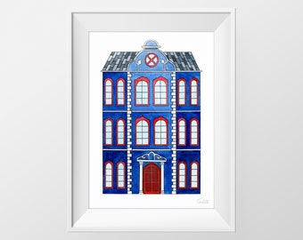 Aquarel huis illustratie, blauwe Zweedse huis print, kleurrijke huis architectuur afdrukbaar, aquarel home portret, digitale download