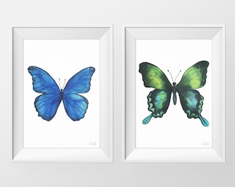 Blauwe &groene Morpho vlinder aquarel print, afdrukbare vlinder illustratie, hedendaagse afdrukbare kunst, digitale download