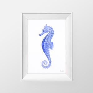 Blue Seahorse Watercolor Print, Nautical Illustration, Contemporary Print, Beach Wall Decor, Hamptons Wall Art, DIGITAL DOWNLOAD