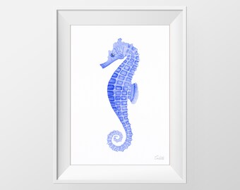 Blue Seahorse Aquarel Print, Nautische Illustratie, Hedendaagse Print, Beach Wall Decor, Hamptons Wall Art, DIGITALE DOWNLOAD
