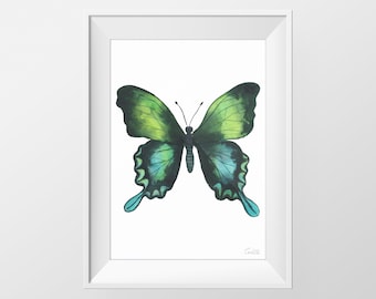Green Butterfly Watercolor Print, Butterfly Illustration, Contemporary Printable Art, DESCARGA DIGITAL