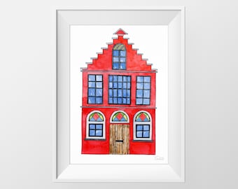 Aquarel Huisillustratie, Rode Vlaamse Huisposter, Kleurrijke Huisarchitectuur Afdrukbaar, Aquarel Huisportret, DIGITALE DOWNLOAD