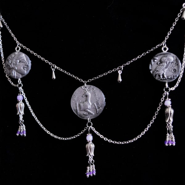 Collier ensemble de pièces de monnaie antiques argentées, collier pièces grecques antiques, collier Athéna, bijoux pièces anciennes