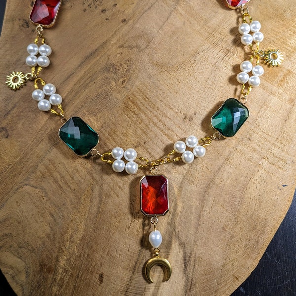 Collier renaissance émeraudes et saphirs, collier perles de culture, collier Jane Seymour