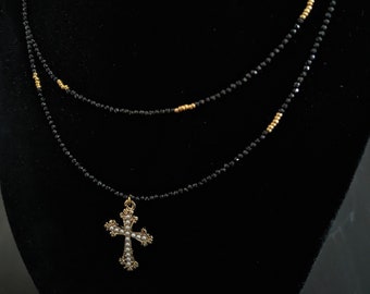 Black spinel and beaded cross necklace, double row necklace, renaissance jewelry, natural stone necklace