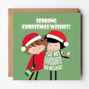 Tarjeta navideña divertida y tierna para un amigo / Feliz Navidad, mejor amigo / Mala influencia favorita / Prosecco navideño / Burbujas / Versed Aid