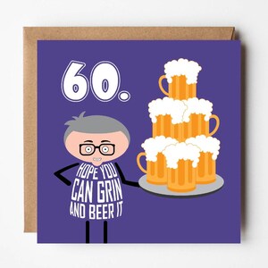 Carte du soixantième anniversaire amusante pour lui | Souriez et supportez | Amateur de bière | Pintes d'anniversaire | Jeu de mots sur l'alcool | Fontaine de jouvence | Conçu par Versed Aid