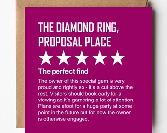 Tarjeta de compromiso divertida - Reseña de cinco estrellas sobre un anillo de diamantes - ¡Felicitaciones a los recién comprometidos!