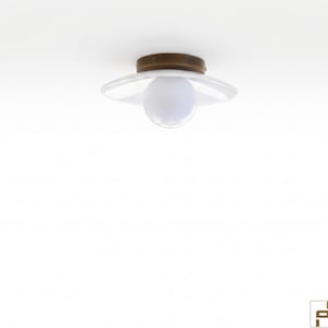 May include: A flush mount ceiling light fixture featuring a circular, dark bronze metal base and a wide, flat, translucent white glass shade. A spherical white glass globe bulb is positioned centrally beneath the shade, emitting a soft light.