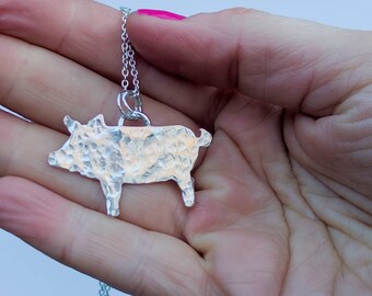 Sterling Silver Hammered Pig Necklace