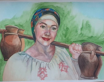 Watercolor Painting of Ukrainian women in traditional casual clothes