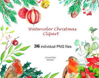 May include: Watercolor Christmas clipart featuring 36 individual PNG files. The clipart includes red and gold ornaments, holly, pine branches, red berries, and robins. The text "Watercolor Christmas Clipart" and "36 individual PNG files" is included in the image.