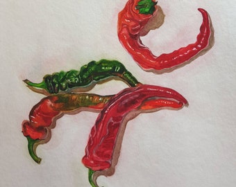 Chili Peppers Watercolour, Red peppers Painting, Kitchen Wall Art Original Watercolour,  Still Life Painting