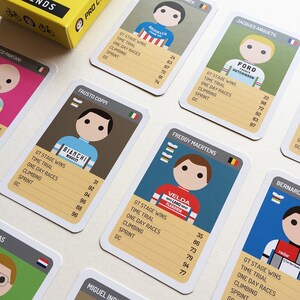 May include: A set of colorful trading cards featuring illustrations of famous cyclists. Each card includes the cyclist's name, a list of their cycling achievements, and their jersey number. The cards are designed in a retro style with a yellow background and black text.