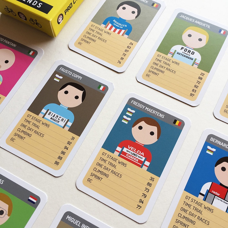 May include: A set of colorful trading cards featuring illustrations of famous cyclists. Each card includes the cyclist's name, a list of their cycling achievements, and their jersey number. The cards are designed in a retro style with a yellow background and black text.