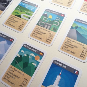 May include: A set of illustrated cards featuring famous mountain passes in Europe. Each card includes the name of the pass, the country it is located in, the length of the pass, the average gradient, the maximum gradient, the height of the pass, and the elevation gained. The cards are designed in a minimalist style with colorful illustrations of the mountains and roads.
