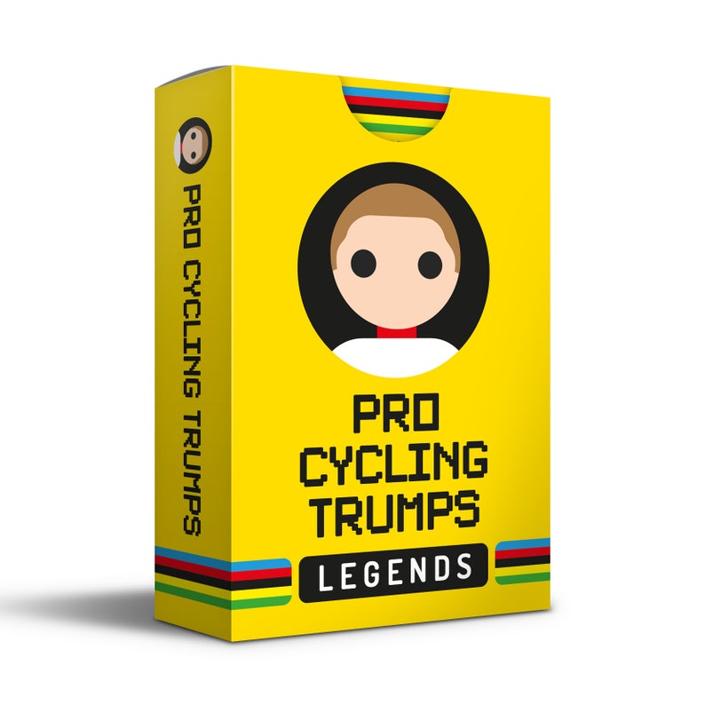 May include: A yellow box with a cartoon cyclist on the front. The box says "Pro Cycling Trumps Legends".