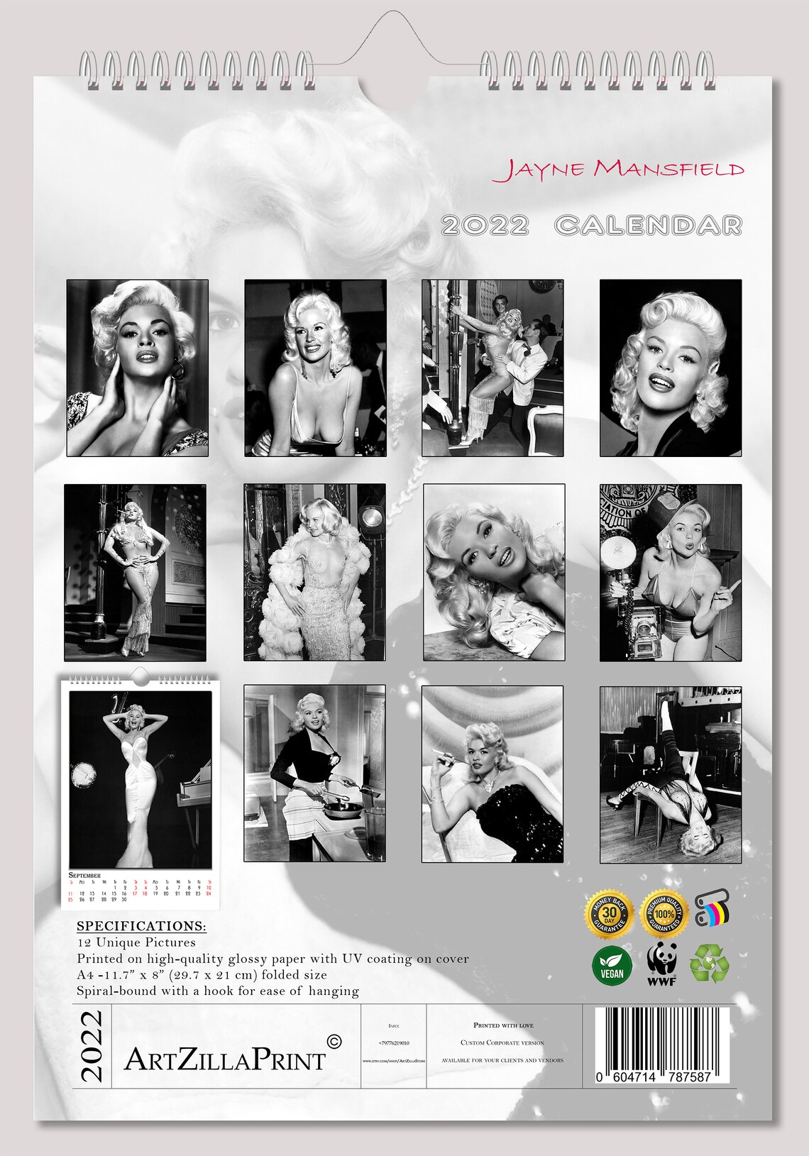 Jayne Mansfield Wall Calendar 2022 Pin Up Glam Sexy Girl Retro Etsy