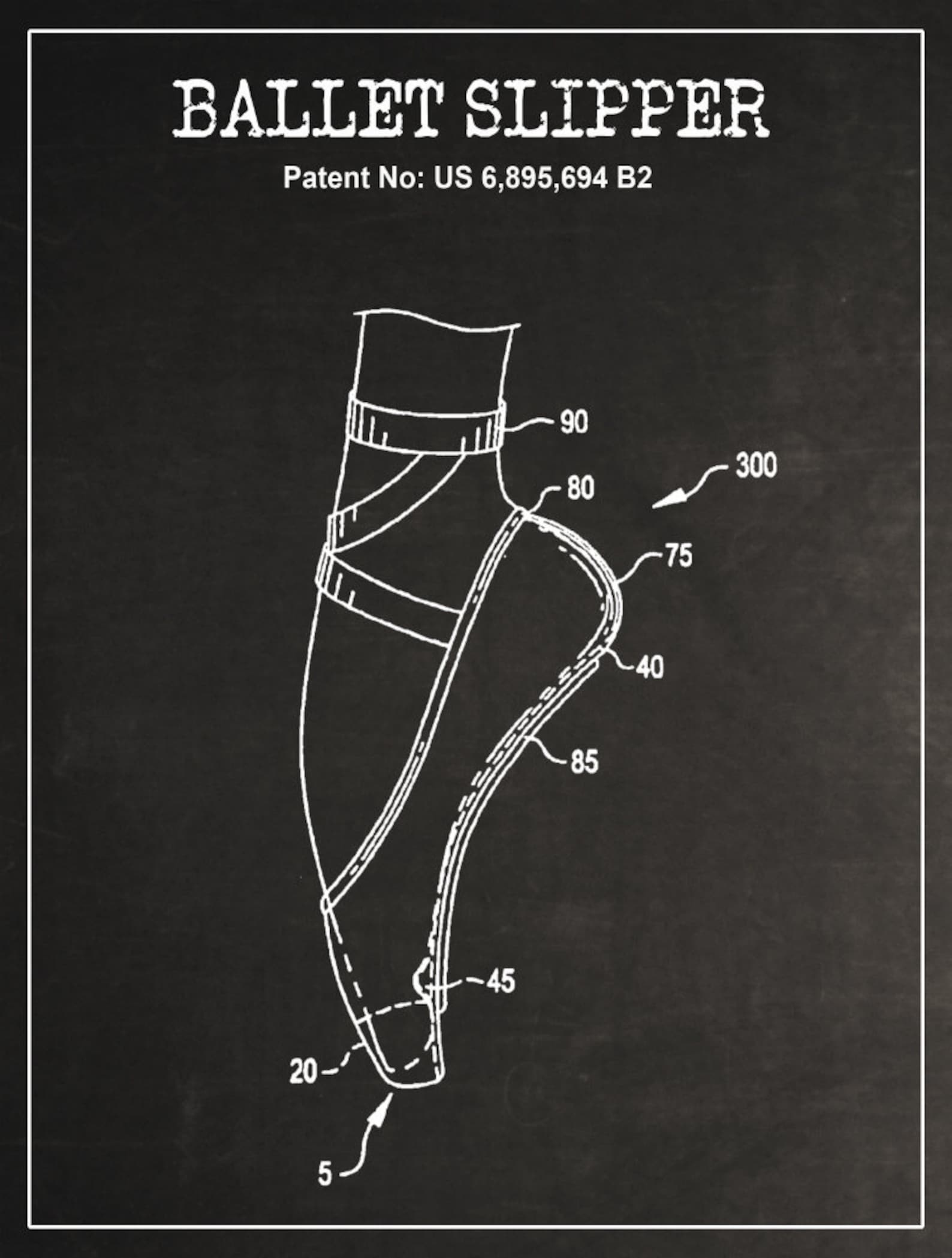 ballet slipper dance shoe patent, pointe shoe blueprint, ballerina flats, dance studio, gift for daughter, dance art print, toe