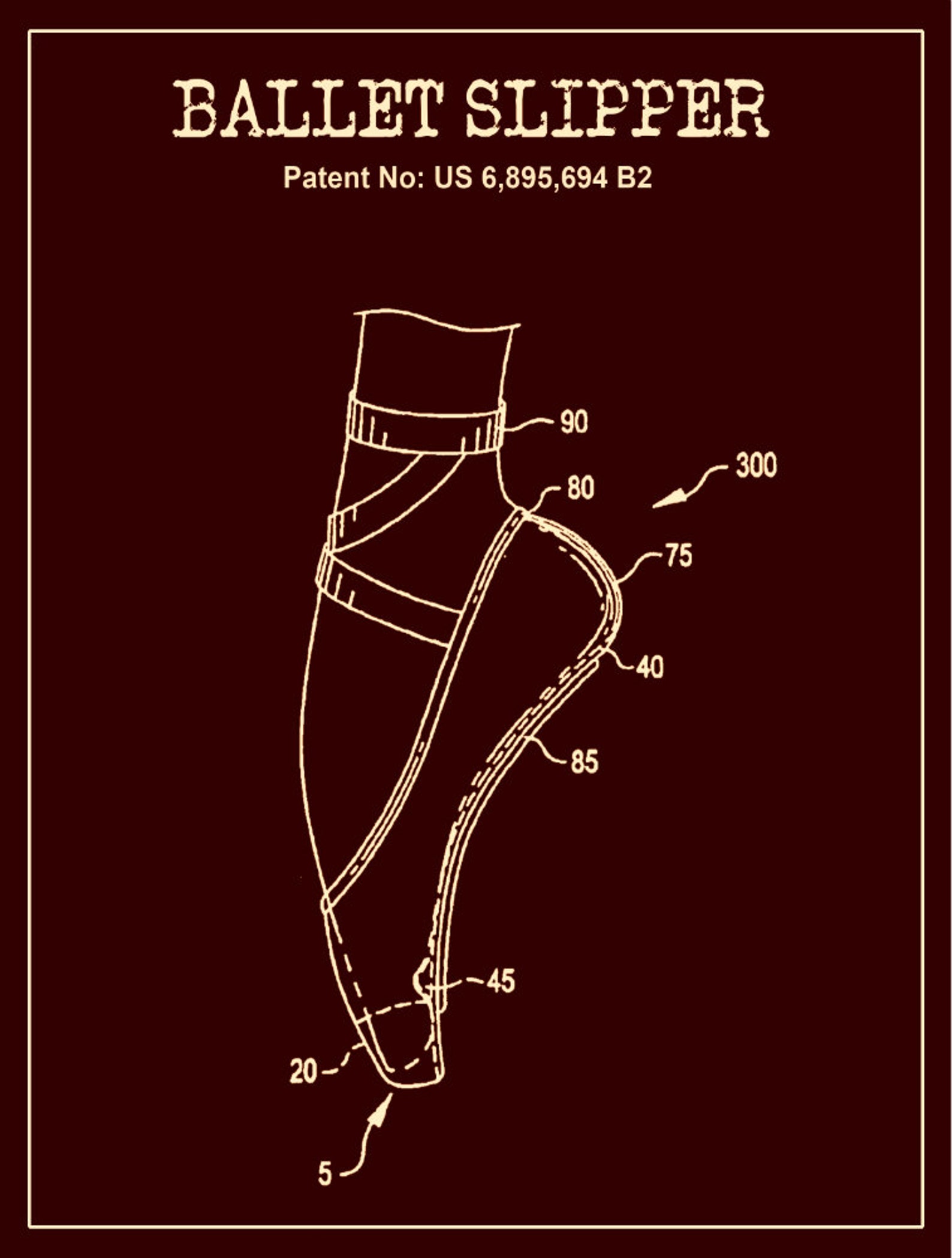 ballet slipper dance shoe patent, pointe shoe blueprint, ballerina flats, dance studio, gift for daughter, dance art print, toe