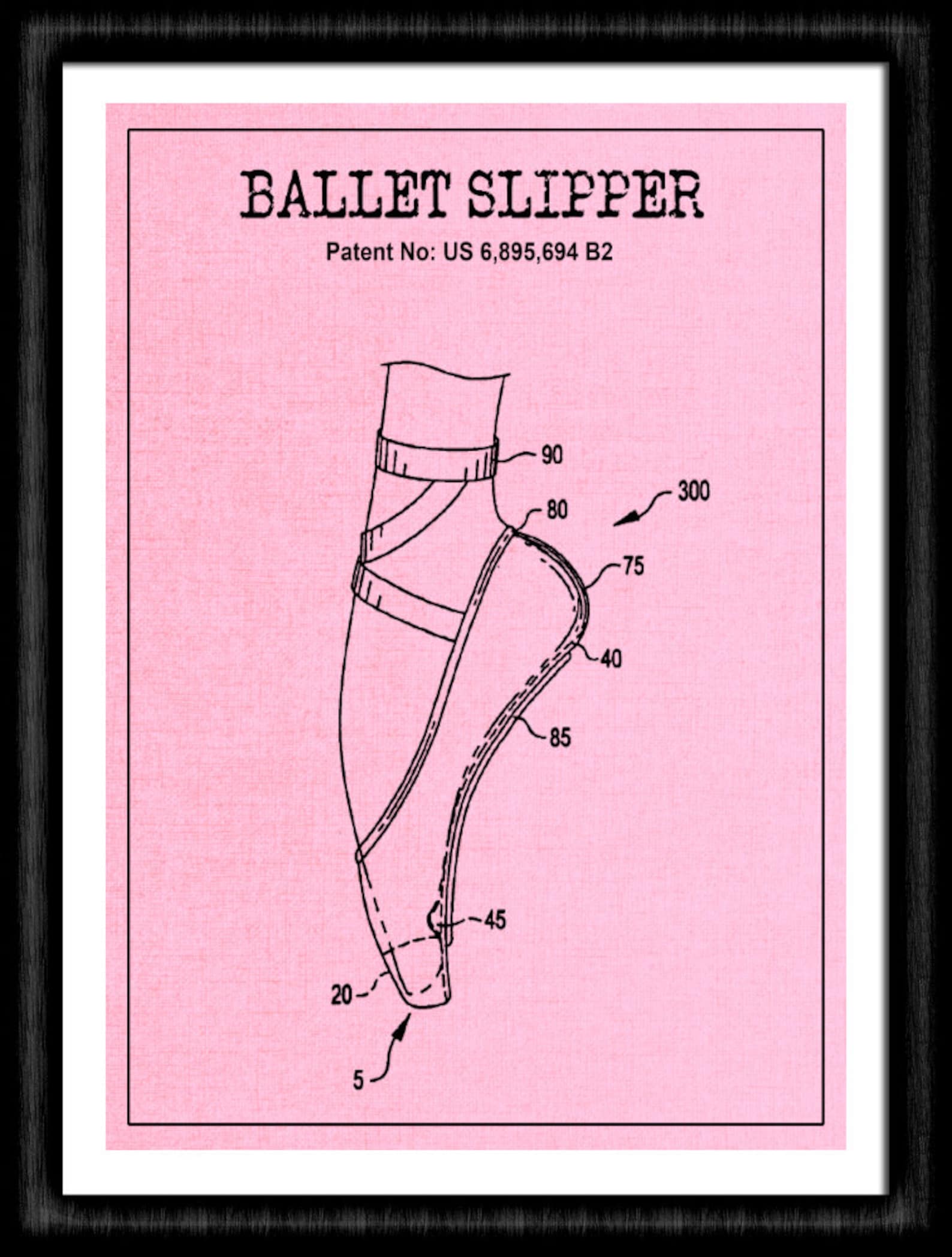 ballet slipper dance shoe patent, pointe shoe blueprint, ballerina flats, dance studio, gift for daughter, dance art print, toe