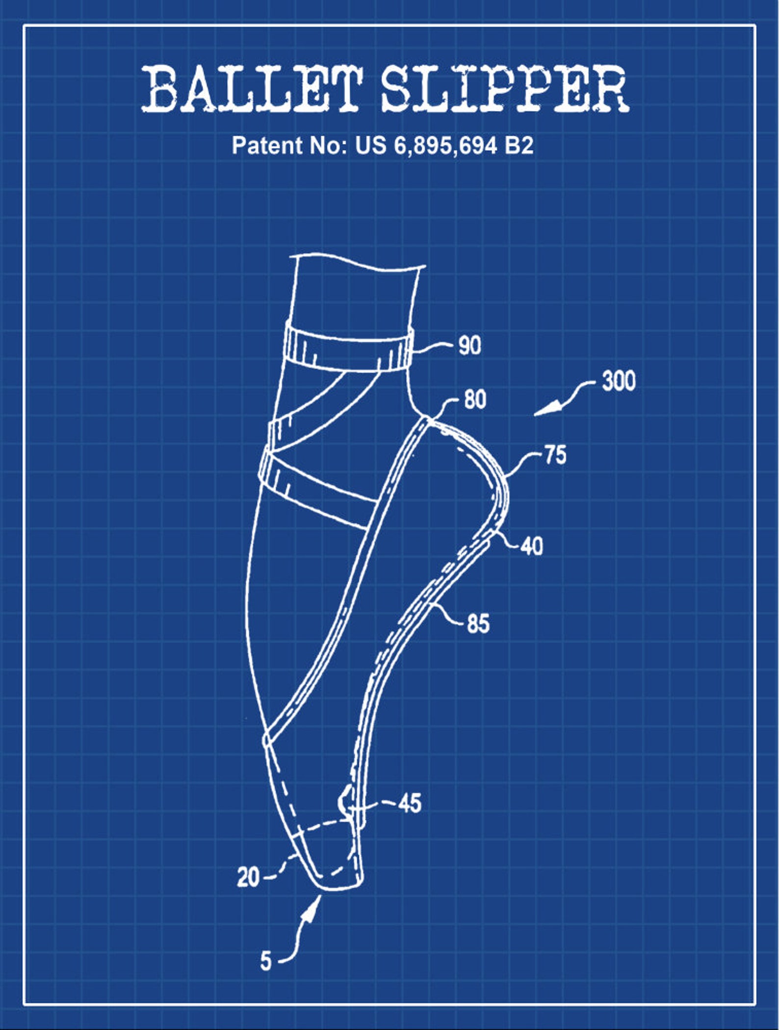 ballet slipper dance shoe patent, pointe shoe blueprint, ballerina flats, dance studio, gift for daughter, dance art print, toe