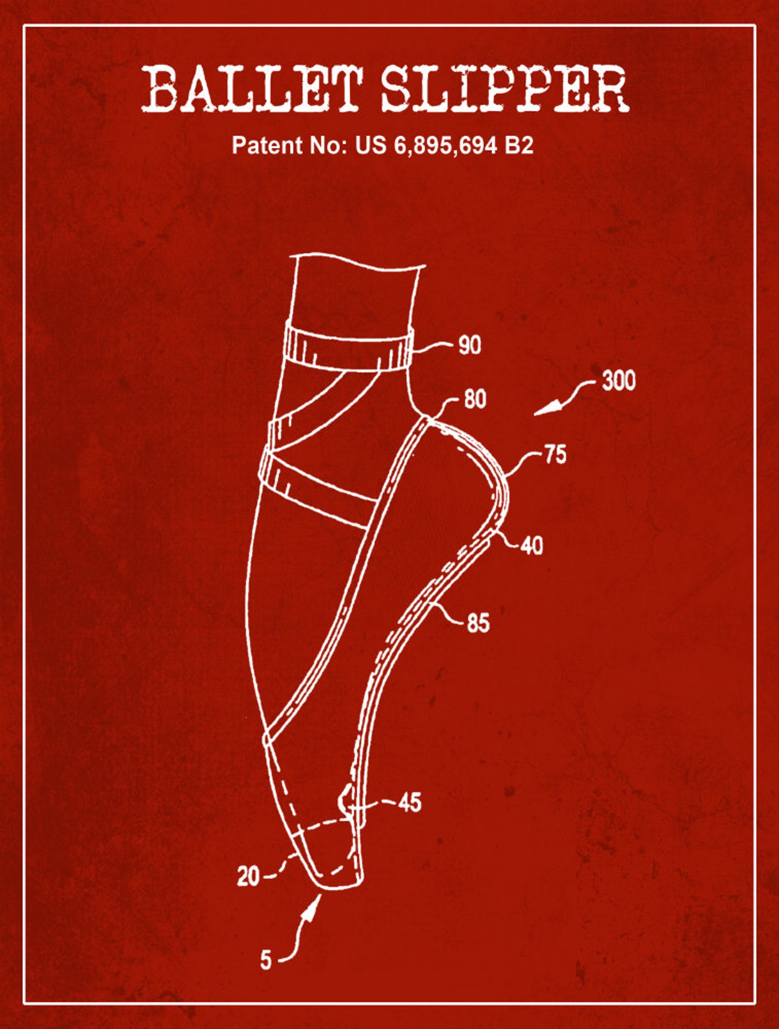 ballet slipper dance shoe patent, pointe shoe blueprint, ballerina flats, dance studio, gift for daughter, dance art print, toe