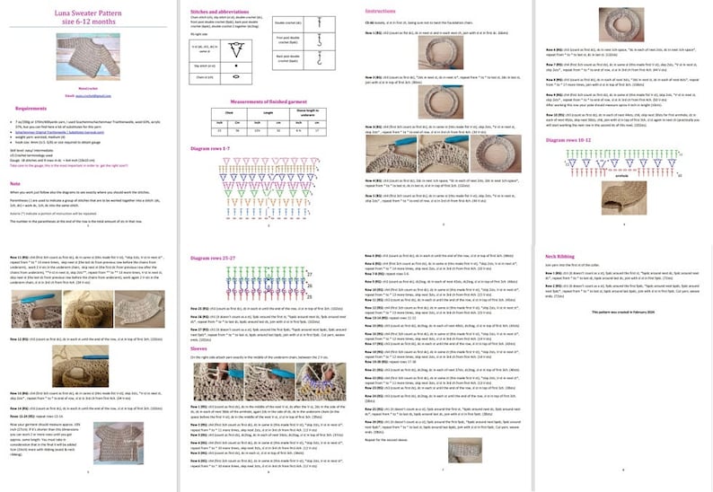 Pu&ograve; includere: Un documento digitale con schema per uncinetto di pi&ugrave; pagine per un maglione da bambino taglia 6-12 mesi. Il documento include istruzioni scritte, abbreviazioni dei punti, diagrammi e fotografie che mostrano il processo di realizzazione.