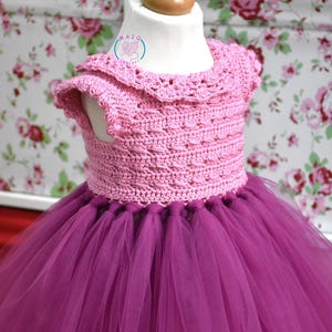 May include: A pink crocheted bodice with a ruffled neckline and a tulle skirt in a deep purple shade. The bodice has a delicate stitch pattern and the skirt is full and flowing.