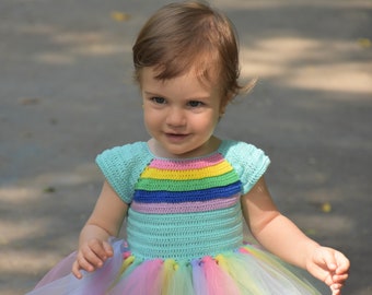 Patrón de vestido tutú de crochet para bebé arcoíris, talla 1 año y 2 años