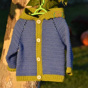Può includere: Un cardigan con cappuccio in crochet blu con rifiniture verdi e chiusura con bottoni.