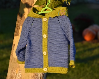 Unisex Bear Hooded Cardigan Crochet Pattern, sizes 6 months to 3years old.