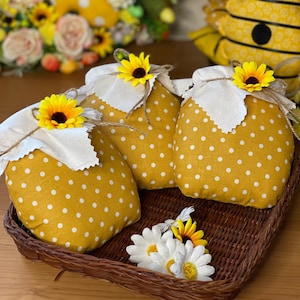 Fabric honey jar Honey jar decor for kitchen Honey comb decor Honey jar Honey dipper Summer decor for home Summer tiered trayBee tiered tray
