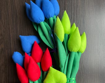 Set 5tulips 2hearts Tulips red green blue Fabric flowers Fabric tulips Spring flowers Mother's Day Easter decor Wedding bouquet Self-gifting