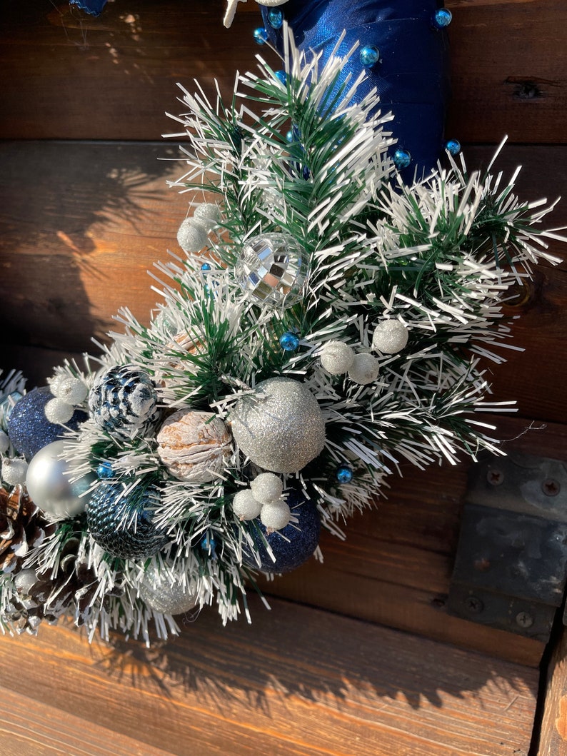 Hanukkah wreath Dark blue and silver wreath Christmas wreath Elegant Christmas wreath Home decor Gift front door wreath image 8