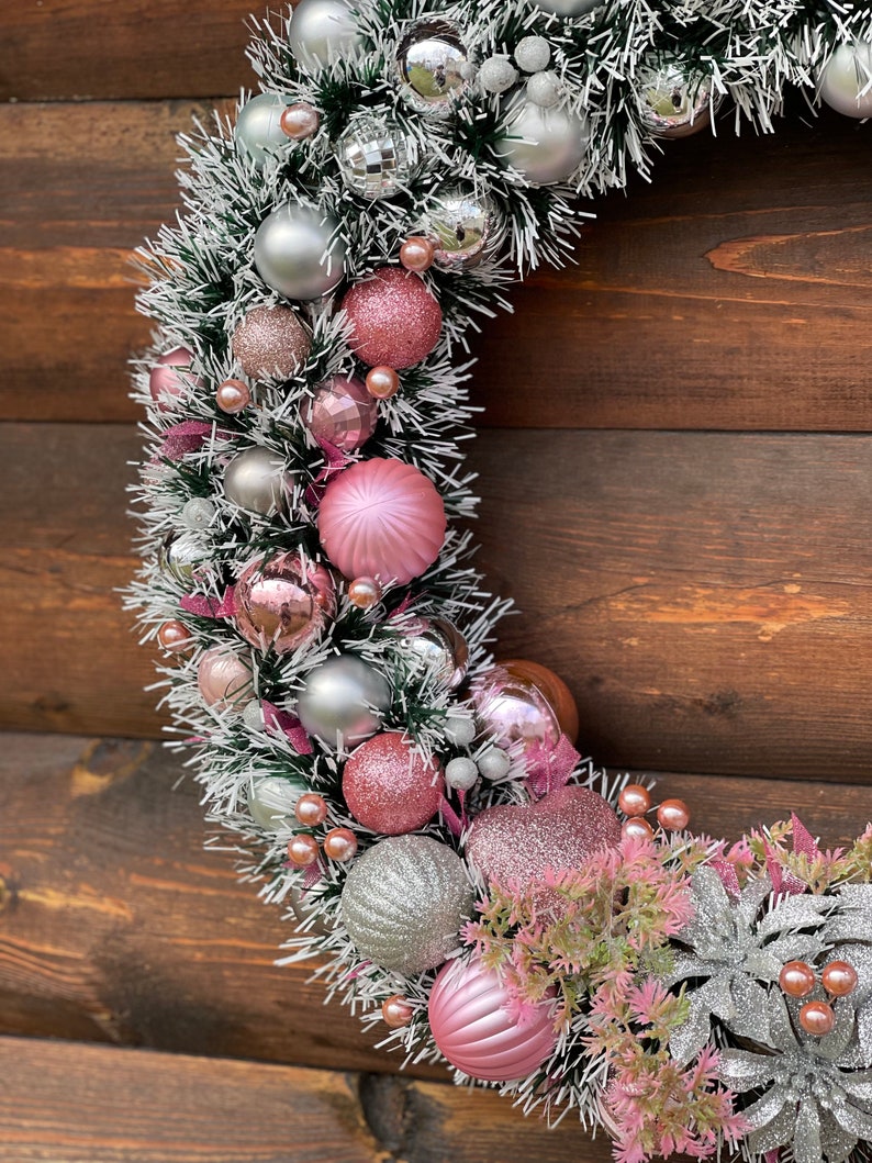 Christmas wreath Holiday wreath Pink with silver wreath Pink Christmas wreath Elegant Christmas gift Winter wreath Traditional Christmas image 6