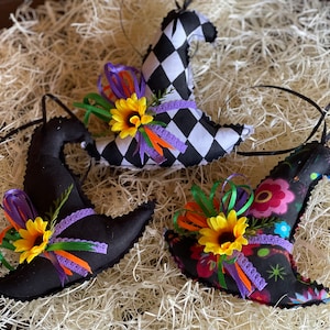 Set of 3 hats Mini fabric witch hat Witch hat decor Halloween tiered tray filler Primitive witch hat Witch centerpiece Tiered bowl filler