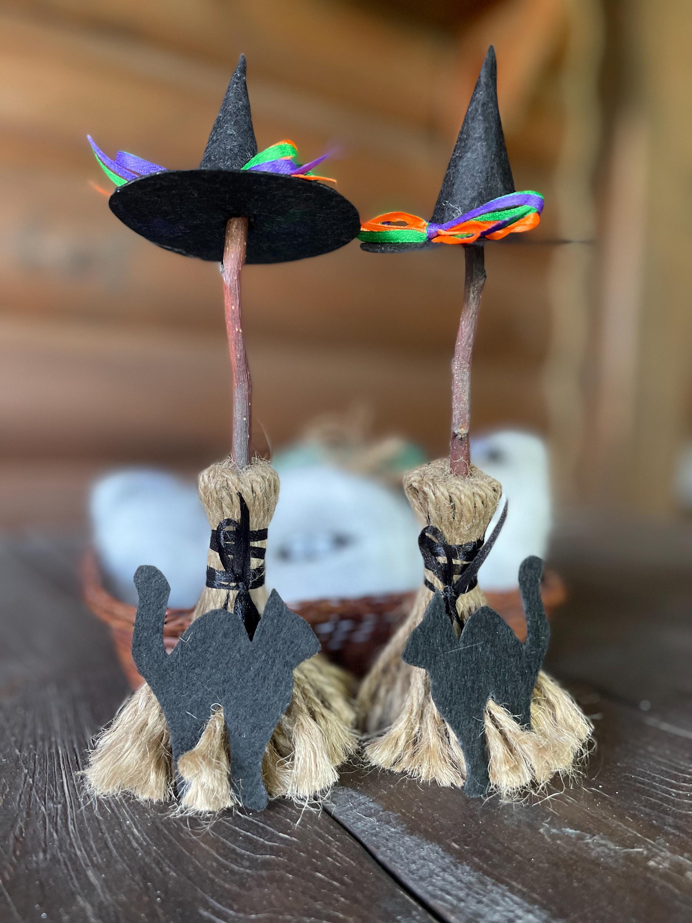 Witch Broom Hat Halloween Tiered Tray Decor Broom With Black Cat Mini ...