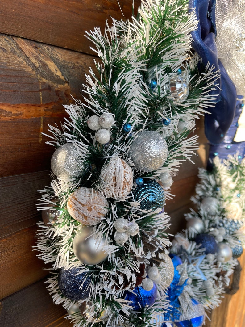 Hanukkah wreath Dark blue and silver wreath Christmas wreath Elegant Christmas wreath Home decor Gift front door wreath image 10