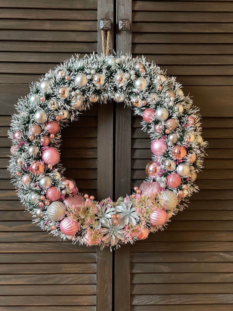 Christmas wreath Holiday wreath Pink with silver wreath Pink Christmas wreath Elegant Christmas gift Winter wreath Traditional Christmas image 1