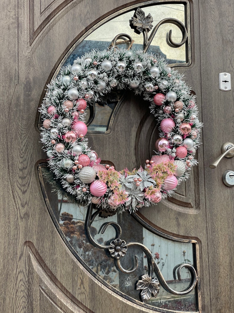 Christmas wreath Holiday wreath Pink with silver wreath Pink Christmas wreath Elegant Christmas gift Winter wreath Traditional Christmas image 2