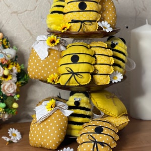 Honey bee decor for kitchen Honey comb decor Bee hive Fabric honey jar Bee decor for home Summer tiered tray Yellow decor Bee tiered tray