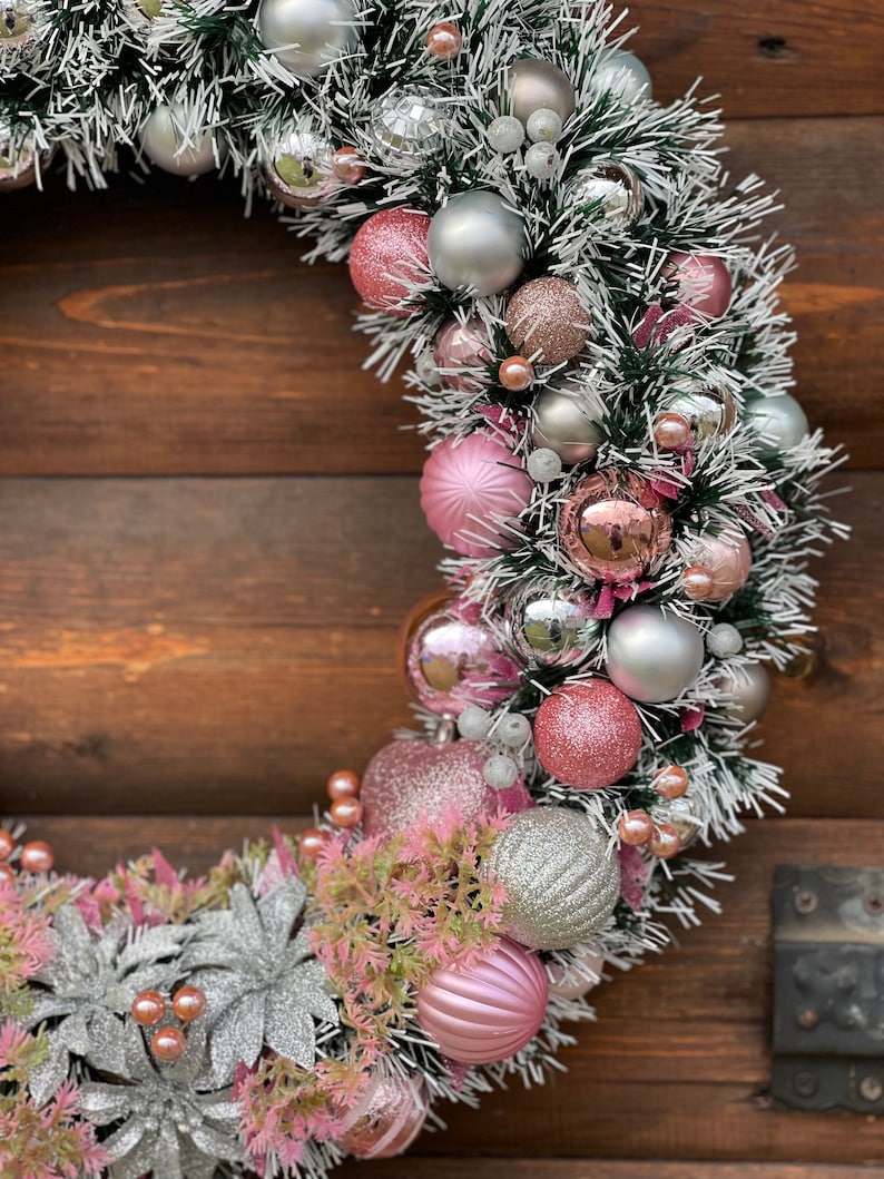 Christmas wreath Holiday wreath Pink with silver wreath Pink Christmas wreath Elegant Christmas gift Winter wreath Traditional Christmas image 7