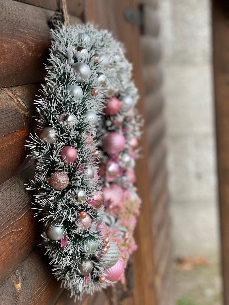 Christmas wreath Holiday wreath Pink with silver wreath Pink Christmas wreath Elegant Christmas gift Winter wreath Traditional Christmas image 4