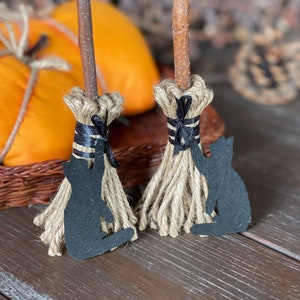 Witch broom Halloween tiered tray decor Broom with black cat Mini brooms Wizard broom Autumn decor Halloween mantel decor Gift to the wizard