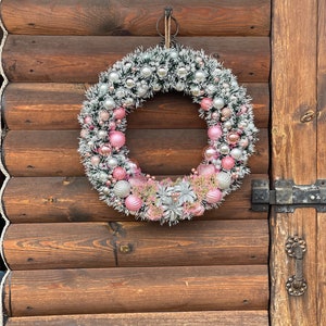 Christmas wreath Holiday wreath Pink with silver wreath Pink Christmas wreath Elegant Christmas gift Winter wreath Traditional Christmas image 3