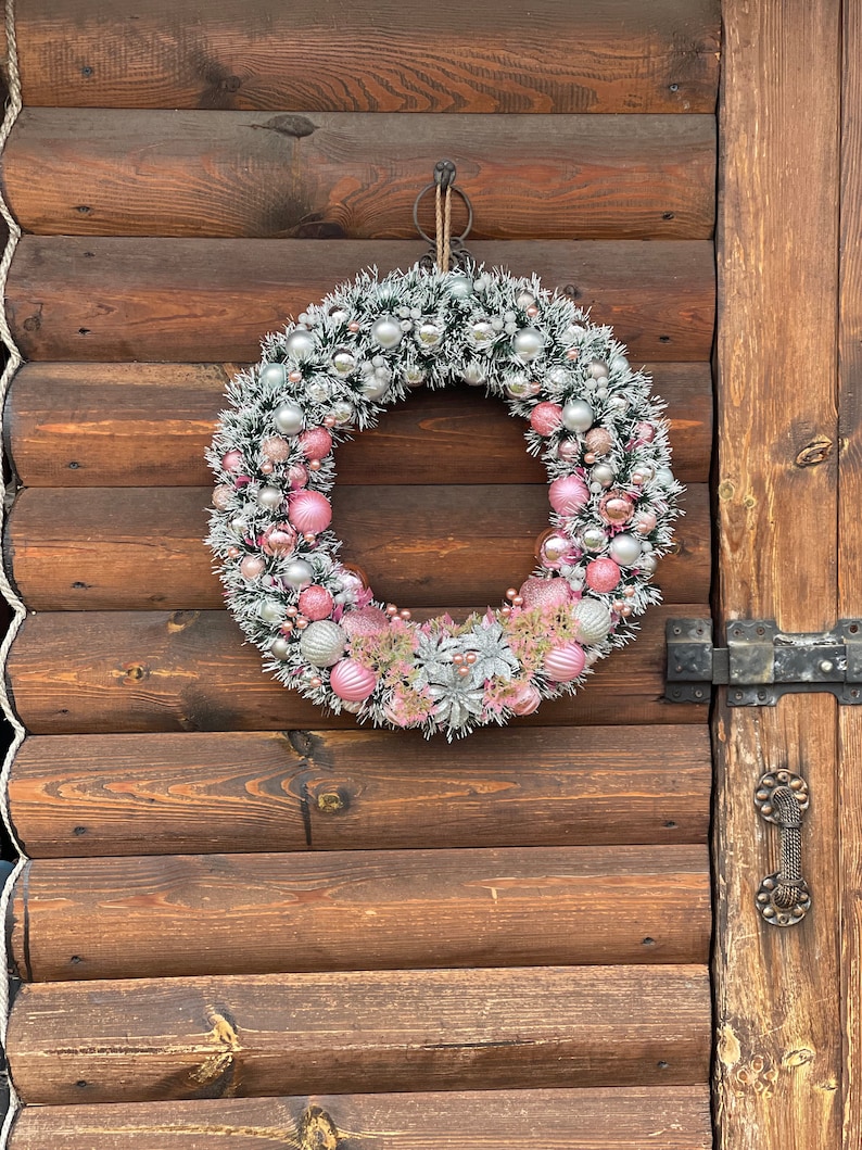 Christmas wreath Holiday wreath Pink with silver wreath Pink Christmas wreath Elegant Christmas gift Winter wreath Traditional Christmas image 3