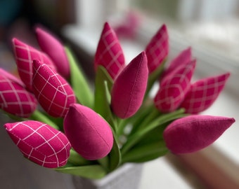 Tulips Pink tulips Fabric flowers Fabric tulips Spring flowers Mother's Day Easter decorations Wedding bouquet Charm spring Raspberry tulips