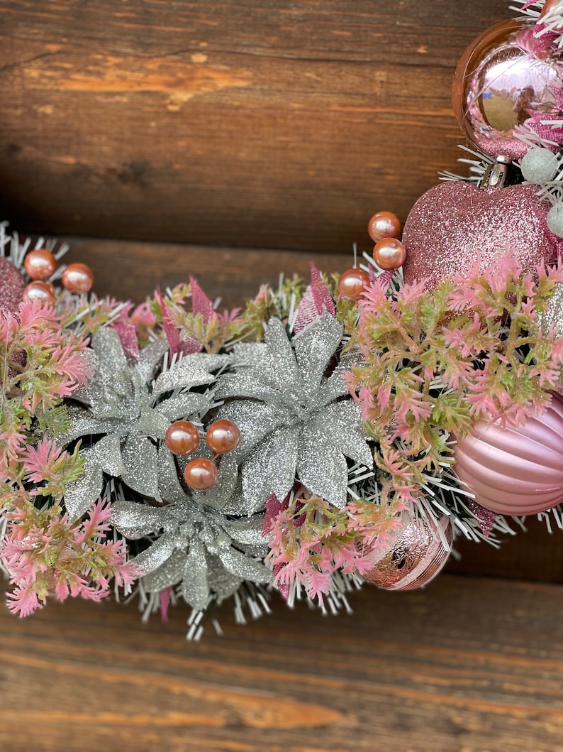 Christmas wreath Holiday wreath Pink with silver wreath Pink Christmas wreath Elegant Christmas gift Winter wreath Traditional Christmas image 8