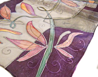 Silk scarf, Hand - painted silk scarf, Purple silk scarf, For her, With style,